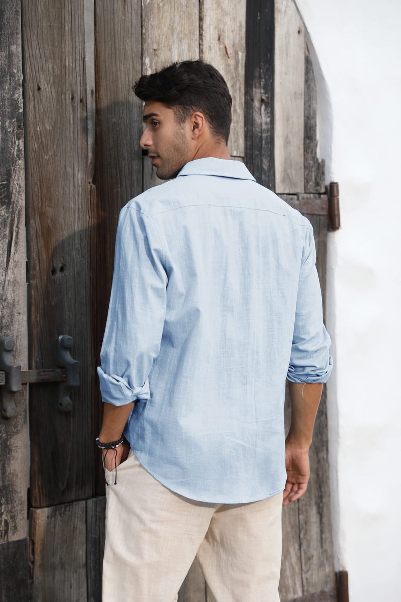 Runcati Mens Button Down Shirt Linen Cotton Shirts Casual Long Sleeve Spread Collar Lightweight Beach Plain Tops 01 Sky Blue - Image 4